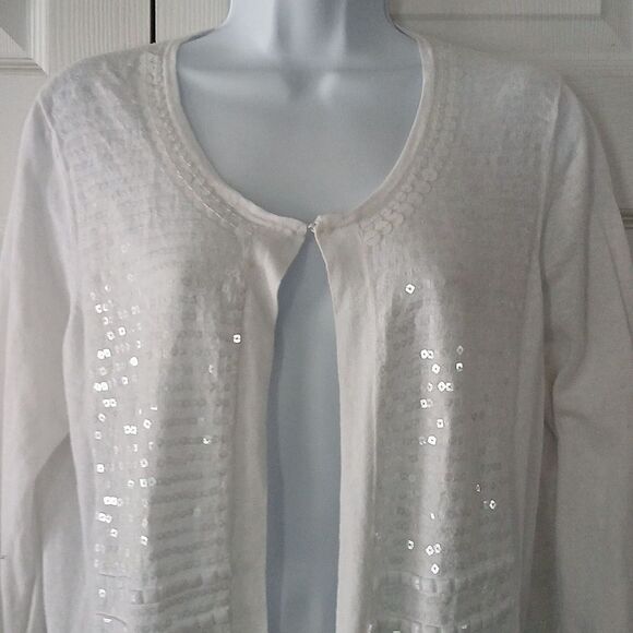 Chico's white sequin cardigan linen sweater casual spring summer  Sz 2  ( Sz 8 ) - Picture 3 of 6
